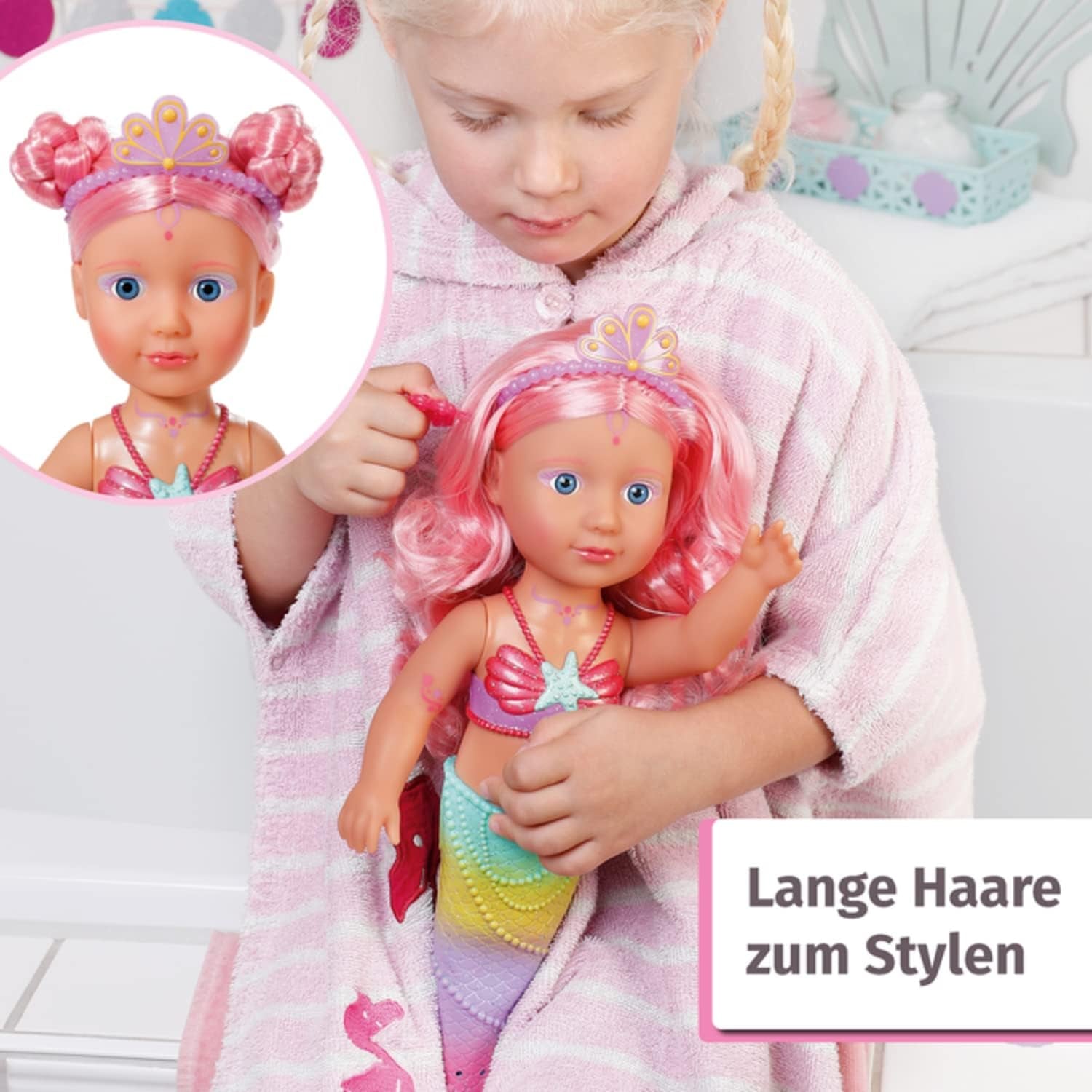 BABY Born Little Sister Mermaid 46 cm Wodoodporna lalka syrenka z długimi włosami i ruchomą brokatową płetwą, w komplecie. tiara i grzebień, 833681 Zapf Creation Dolls Naty Shop