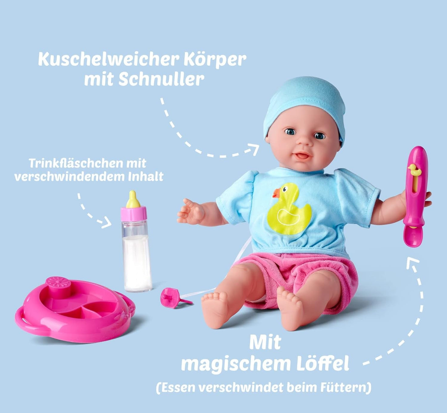 Simba 105010964 - Laura Hungry miękka lalka ze smoczkiem, magiczną łyżeczką, znikającą butelką i talerzem, 38 cm, laleczka bobas dla dzieci od 2 lat
