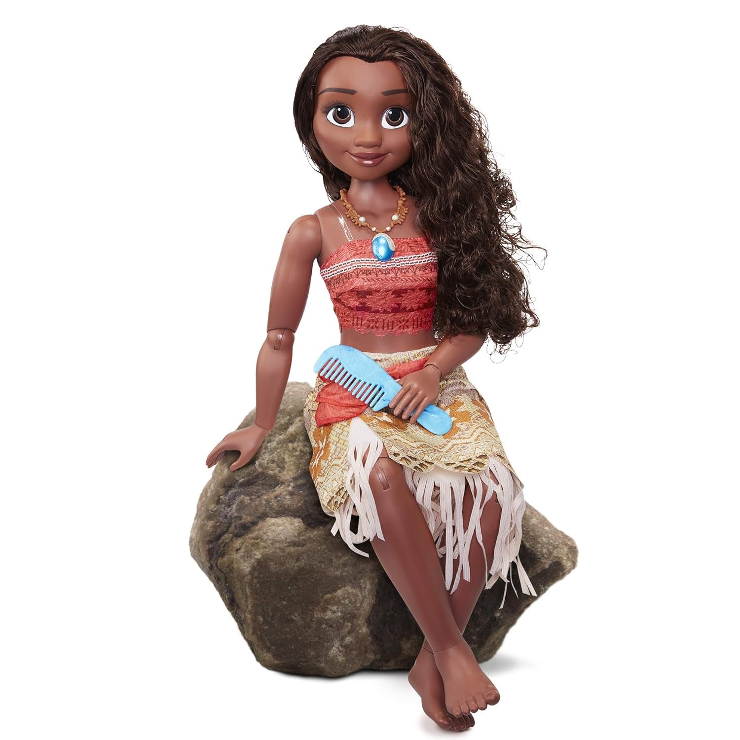 Disney Princess Moana 80 cm Lalka do zabawy marki Jakks Pacific Ruchoma lalka ze szczotką do czesania falowanych loków Sukienka inspirowana filmem Odpinany naszyjnik z wisiorkiem Lalki Naty Shop
