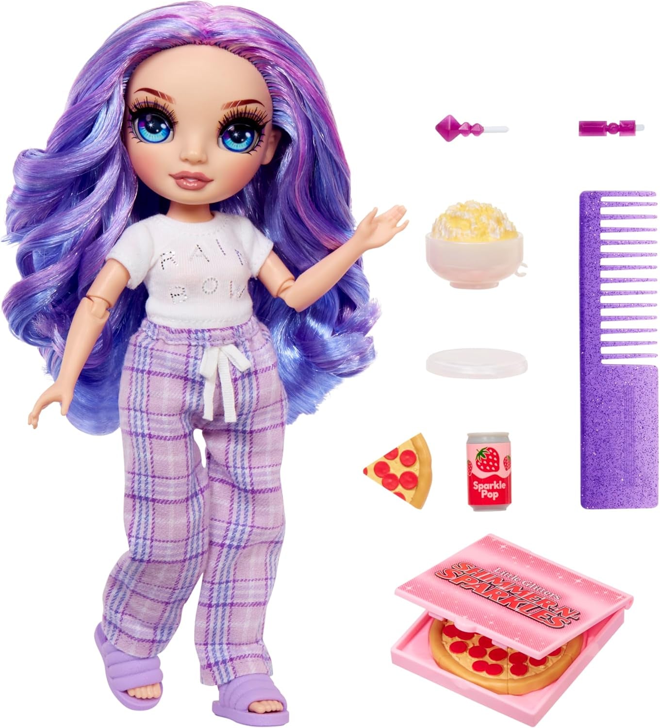 Lalka Rainbow High Junior High PJ Party - fioletowa - 22 cm z miękkim kombinezonem, kapciami i akcesoriami do zabawy - Zabawka dla dzieci - Idealna dla dzieci w wieku 4-12 lat
