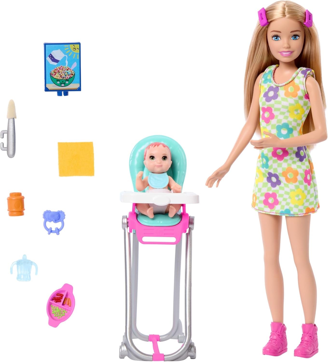 Barbie Skipper Lalka i akcesoria Zestaw do zabawy z jedzeniem Zestaw do opieki nad dziećmi Zabawka zmieniająca kolor HTK35