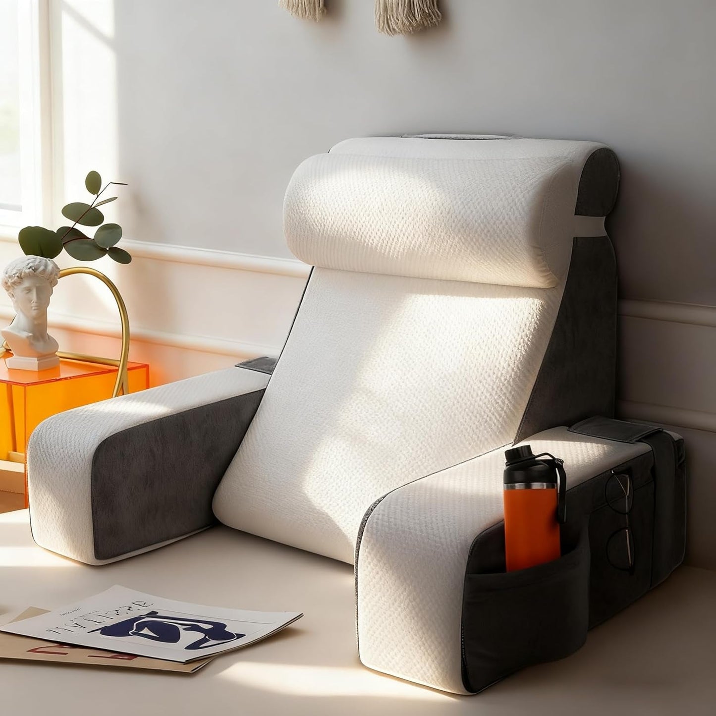 Duża poduszka do czytania ze zdejmowanym podparciem szyi i podłokietnikami, poduszka pod oparcie łóżka, ergonomiczna poduszka pod oparcie z ramieniem, kieszenią i zmywalnym pokrowcem do czytania i oglądania telewizji.
