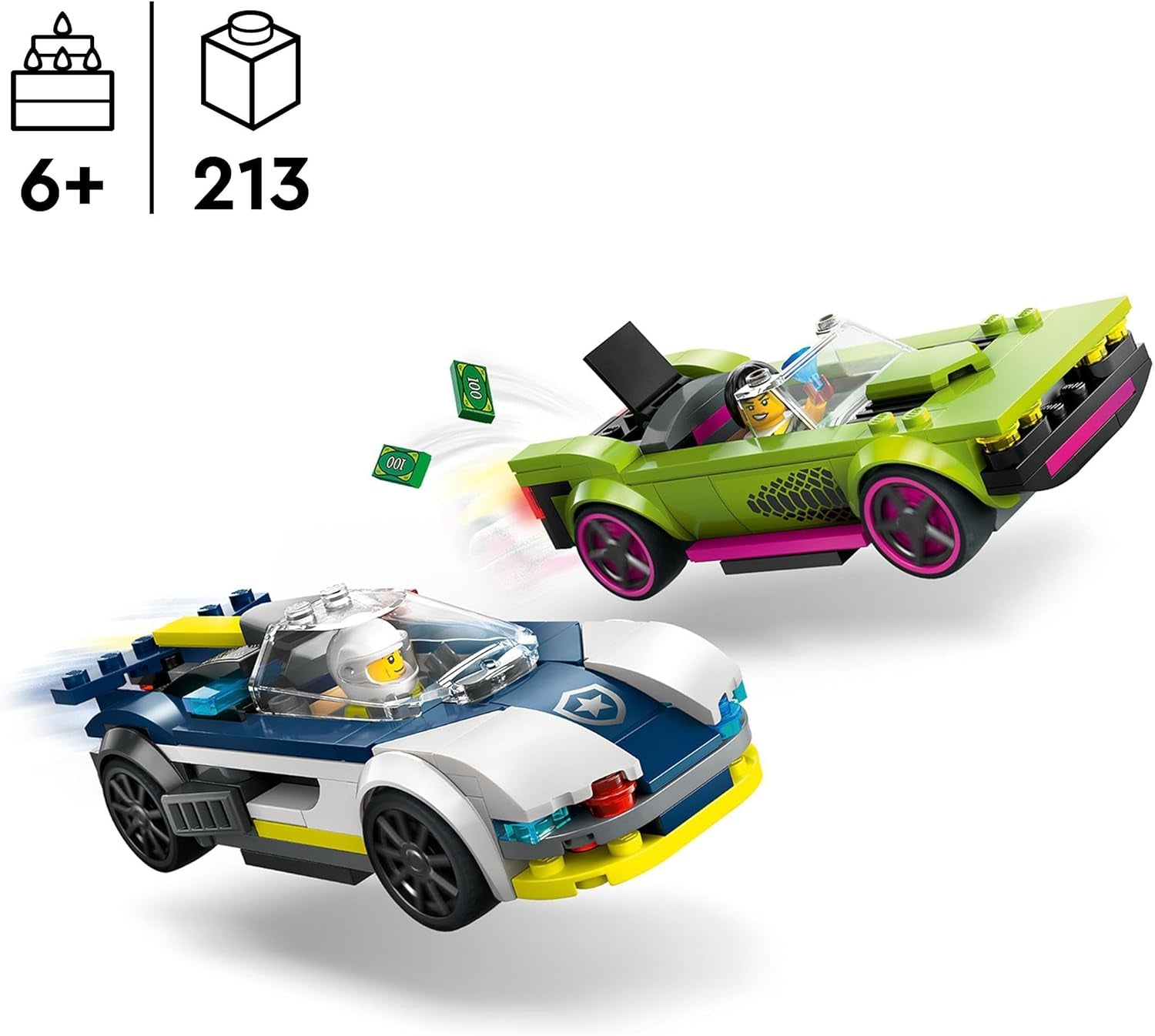 LEGO City Pościg samochodowy z radiowozem i mięśniakiem, zabawkowy pociąg z 2 samochodami wyścigowymi, prezent policyjny dla dzieci, chłopców i dziewcząt od 6 lat, zestaw z policjantem i minifigurkami Ganovinem 60415 Zestawy do budowania Besuche den LEGO-Store