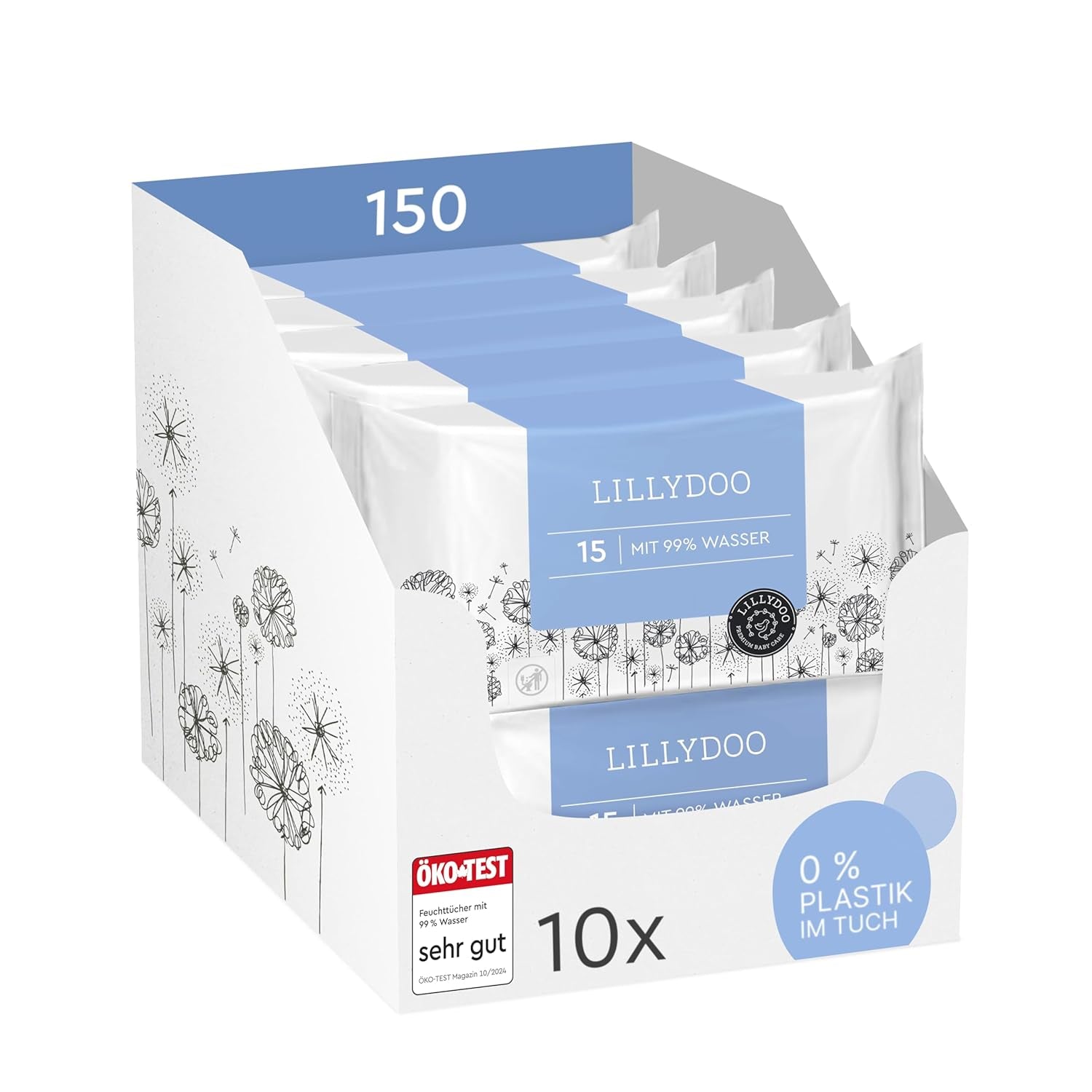 LILLYDOO Zielone chusteczki nawilżane, 600 szt. (10 x 60), odporne na rozdarcia chusteczki w 100% wolne od plastiku - bezzapachowe, delikatne i naturalne, delikatnie oczyszczają wrażliwą skórę, testowane dermatologicznie