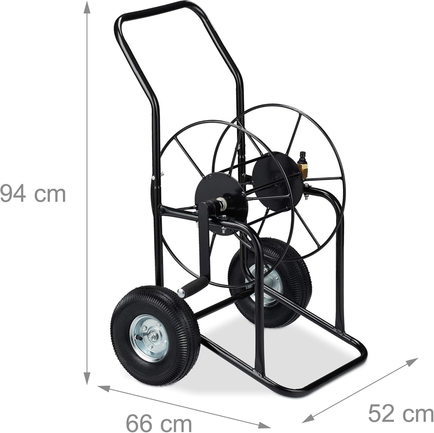 Wózek na wąż Relaxdays, mobilny bęben na wąż, przyłącze 1/2" i 3/4", wąż do 80 m, 2 koła, metal, czarny