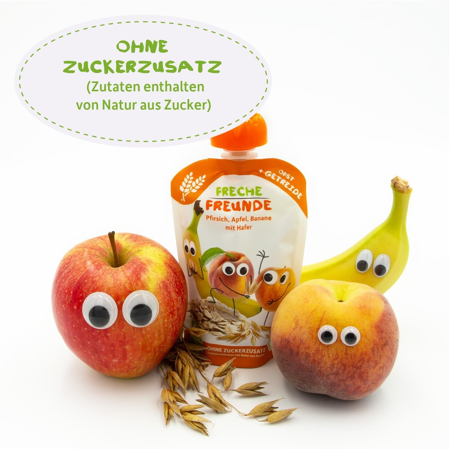 FRECHE FREUNDE Brzoskwinia Jabłko Banan Owies Organiczne puree owocowe ze zbożami w wyciskanej torebce dla niemowląt 6 miesięcy + Wegańskie 6 opakowań (6 x 100 g)