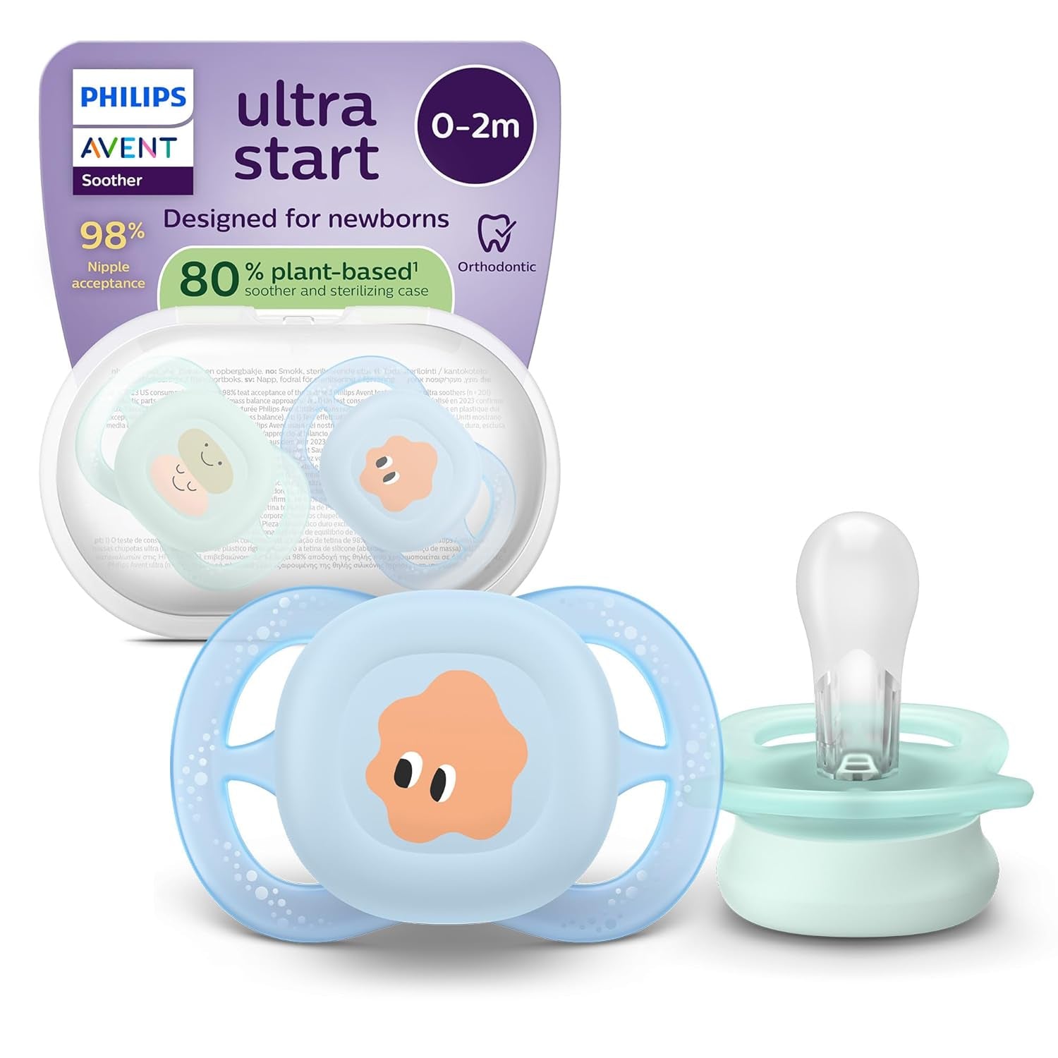 Philips AVENT Ultra Start smoczek na noc, smoczek ortodontyczny dla noworodków, świecący w ciemności, bez BPA, z pojemnikiem do sterylizacji, podwójne opakowanie, księżyc, gwiazda, SCF075/07