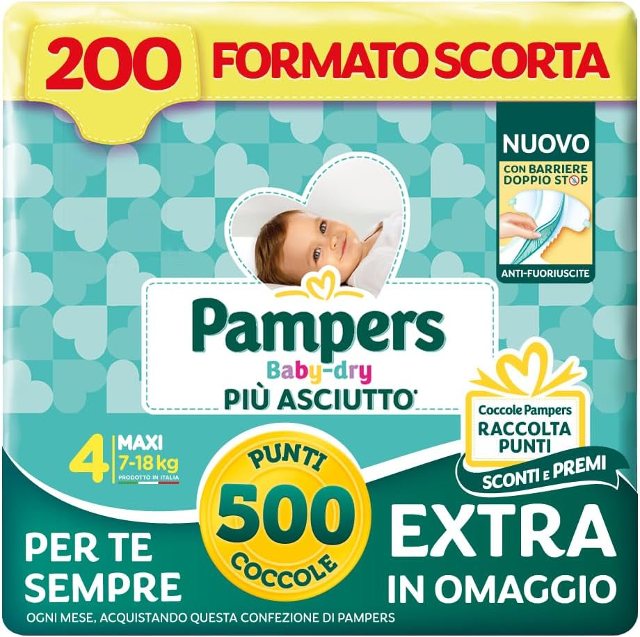 Pampers Baby Dry Maxi Rozmiar 4 (7-18 kg), 200 pieluch + 500 bezpłatnych dodatkowych punktów przytulania