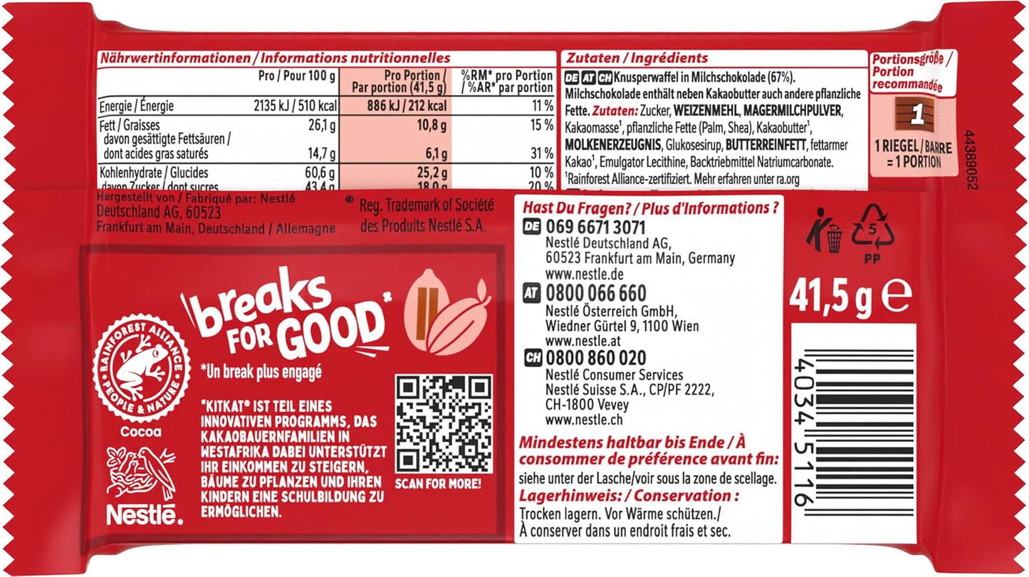 Nestlé KitKat Klasyczne batoniki czekoladowe Chrupiące batoniki waflowe z mlecznej czekolady 24 opakowania (24 x 41,5 g)