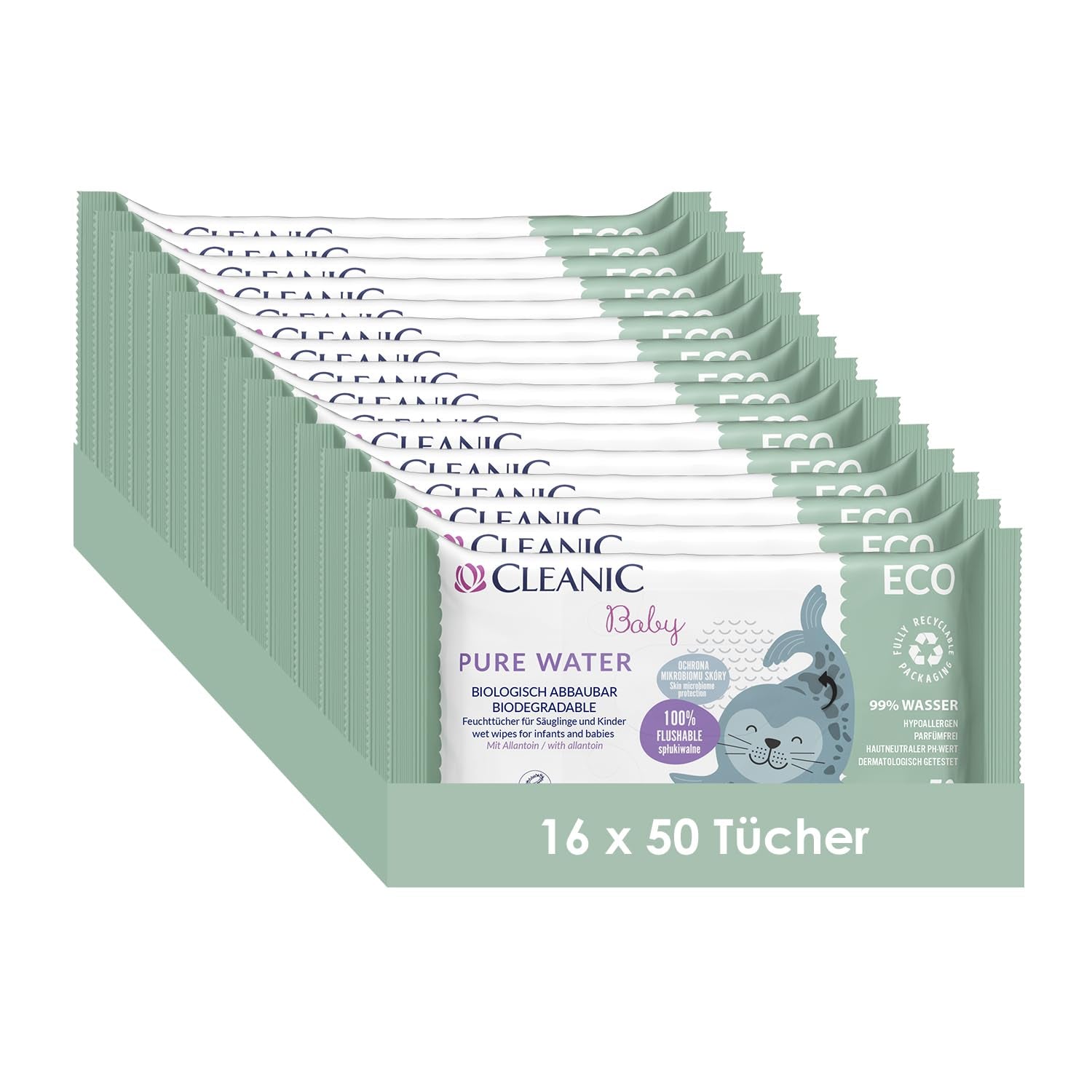 Cleanic Baby Eco Pure Water Chusteczki nawilżane – (1 x 50 szt.) Chusteczki nawilżane dla dzieci i niemowląt – bezzapachowe, spłukiwane, skóra wrażliwa – 50 szt.