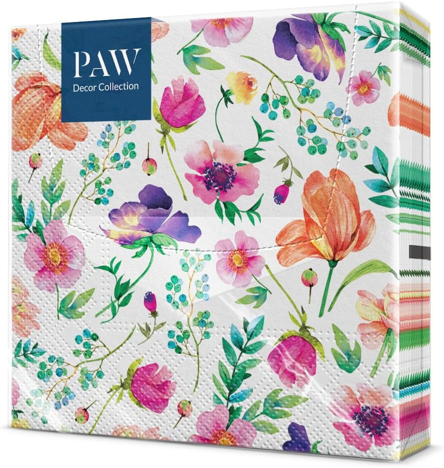 PAW - Serwetki 3-warstwowe (33 x 33 cm) I 20 sztuk I Idealne na urodziny, przyjęcia, wesela, komunie i święta I Dekoracje stołu Kolorowe serwetki papierowe - Kolorowe kwiaty Flora I Kompozycja kwiatowa