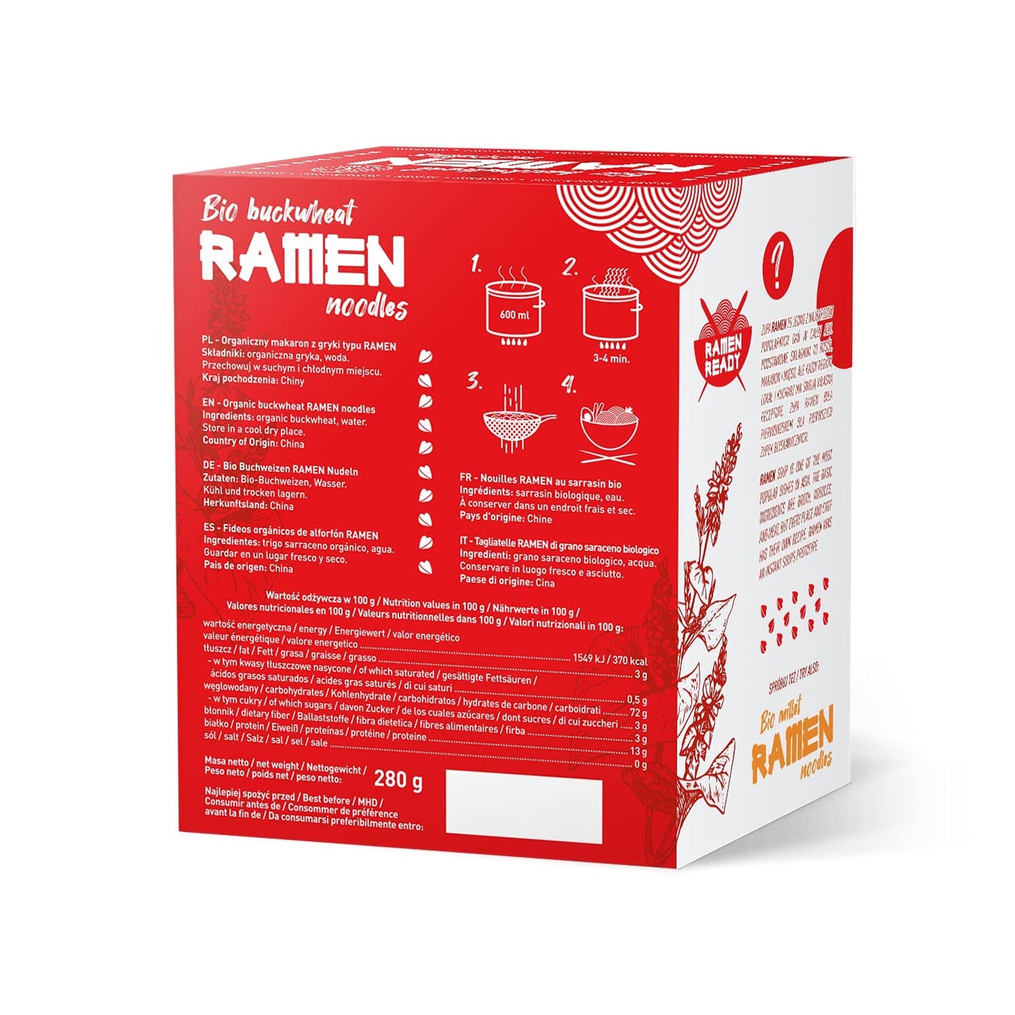 DIET-FOOD Organiczny makaron ramen gryczany, żywność wegetariańska i wegańska, bez tłuszczu, bez soi, bez glutenu, dietetyczny makaron rozpuszczalny w wodzie, niskokaloryczny, 280g