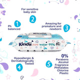 Kindii Feuchttücher Für Babies Und Kinder Pure Water 99% - 99%Ige Zusammenzeit Auf Wasserbasis - Alantoina - Unparfümiert - Dermatologisch Getestet - Für Empfindliche Haut - 720 Stück - 12X60 Stück Naty Shop