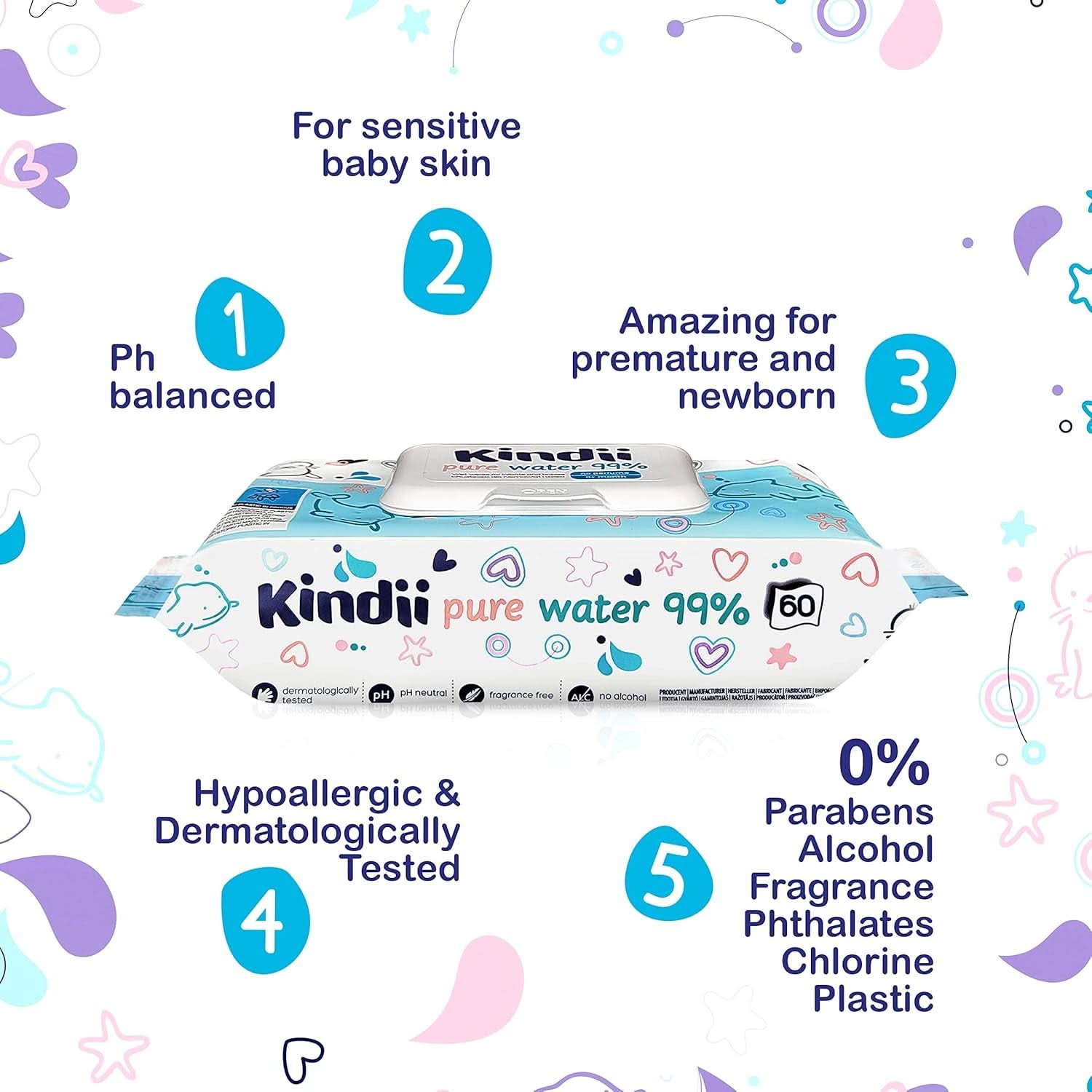 Kindii Feuchttücher Für Babies Und Kinder Pure Water 99% - 99%Ige Zusammenzeit Auf Wasserbasis - Alantoina - Unparfümiert - Dermatologisch Getestet - Für Empfindliche Haut - 720 Stück - 12X60 Stück Naty Shop