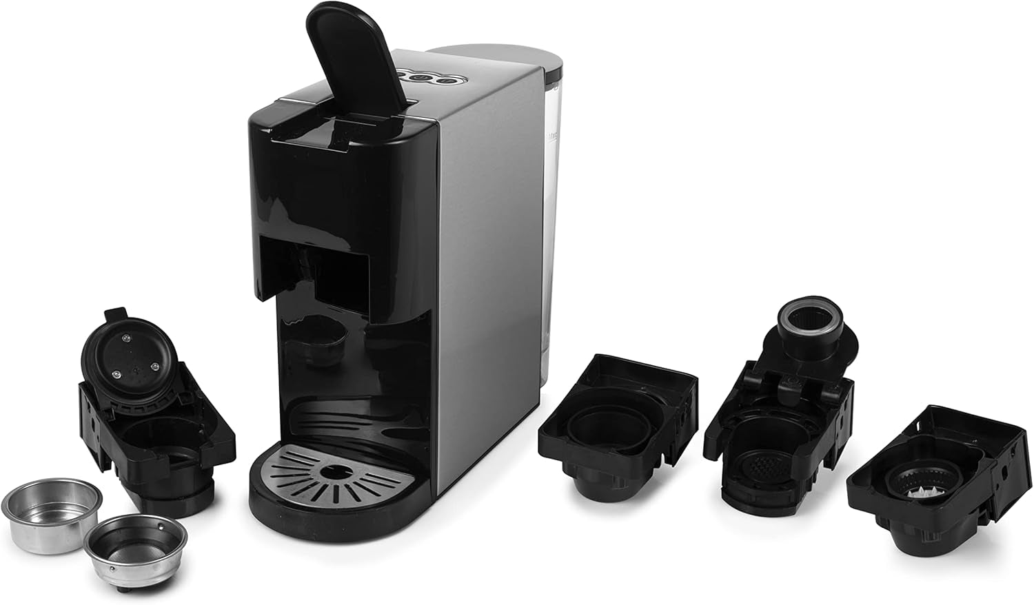 Wielokapsułkowy ekspres do kawy Princess 5 w 1 - kompatybilny z podkładkami Nespresso, Dolce Gusto, Lavazza a Modo Mio i ESE, pojemność 0,8 l, 1450 W, srebrny, czarny