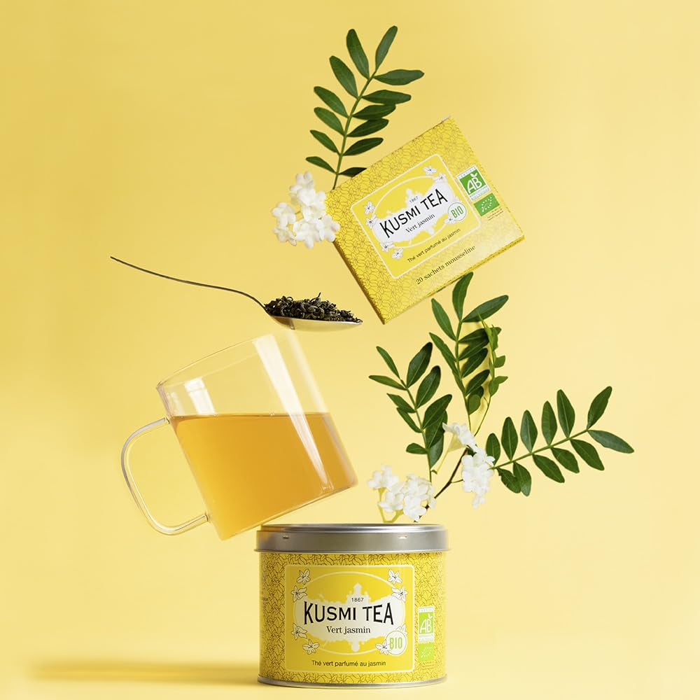 Herbata Kusmi - Opakowanie 2 sztuk - Zielona herbata jaśminowa - Organiczna mieszanka zielonej herbaty jaśminowej - 100% organicznej zielonej herbaty - Można spożywać na gorąco lub na zimno - 2X20 torebek herbaty