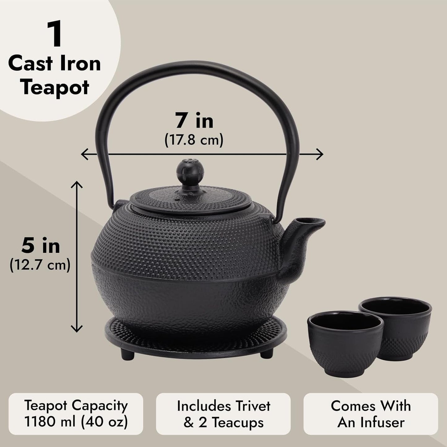 Japoński zestaw do herbaty Juvale z żeliwnym czajnikiem (1200 ml), spodkiem i 2 filiżankami, zestaw do herbaty w stylu Tetsubin, czarny