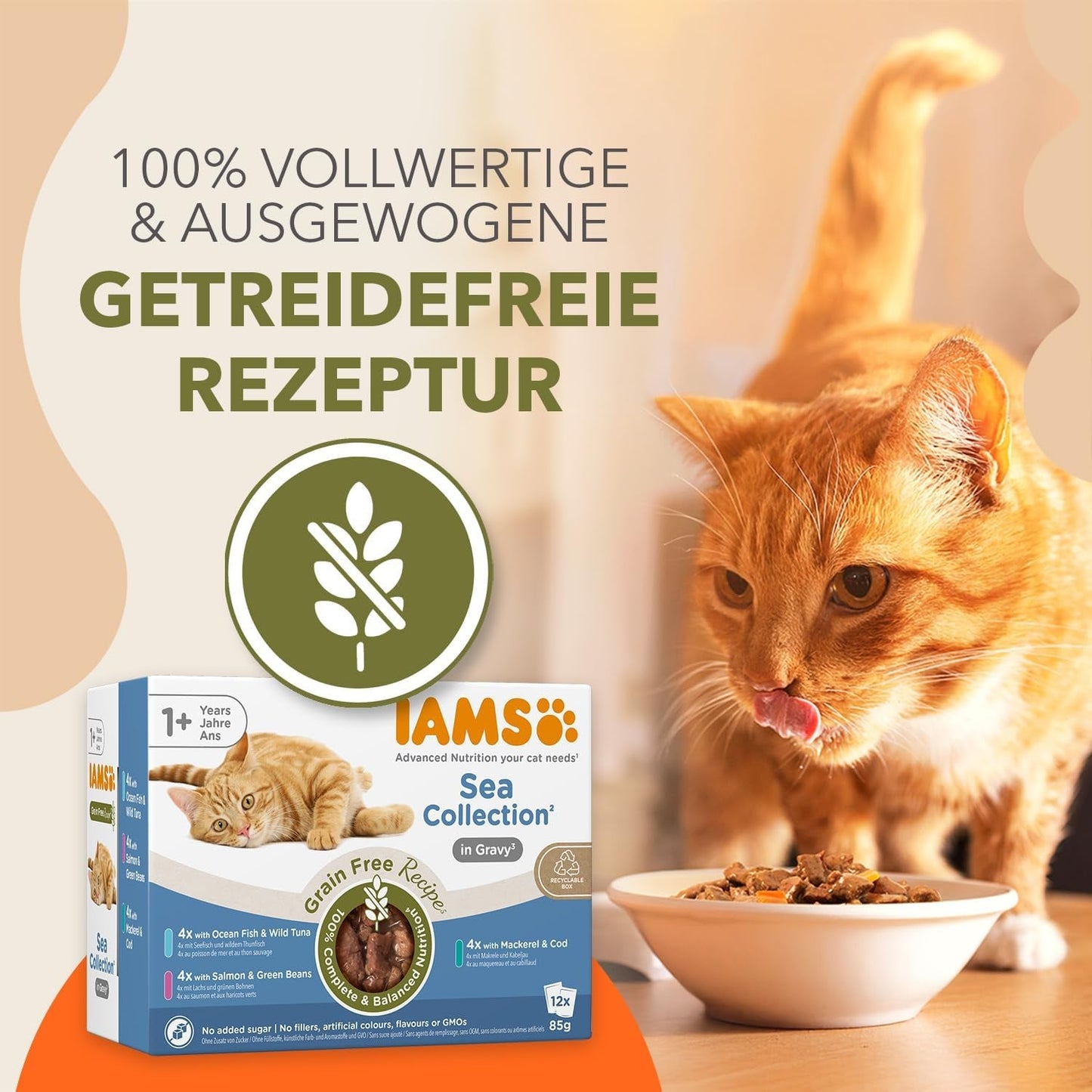 IAMS Delights Sea Collection Bezzbożowa mokra karma dla kotów - opakowanie zbiorcze z różnymi rybami w sosie, bezzbożowa mokra karma dla kotów od 1 roku życia, 12 x 85g