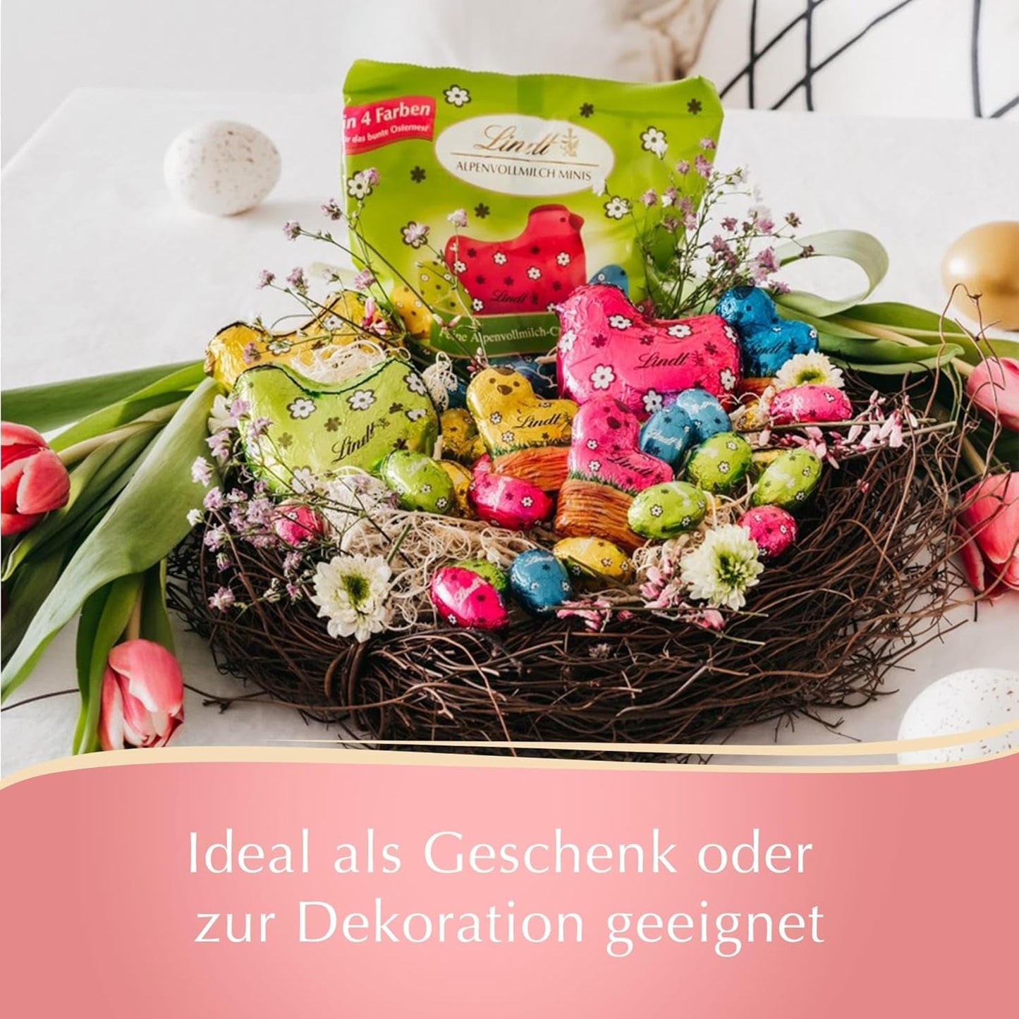 Mini Lindt Jajka z mlecznej czekolady do dekoracji czekoladowych | 2 torebki x 180g | Jajka premium z mlecznej czekolady, radośnie i kolorowo zapakowane na Wielkanoc w czterech kolorach | Czekolada Wielkanocna | Czekoladowy prezent