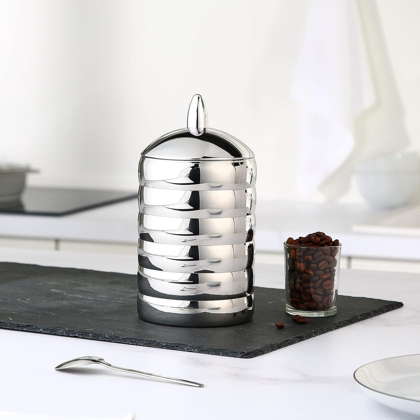 Alessi Kalistò 2 CB02 - Słoik kuchenny ze stali nierdzewnej 18/10 z aluminiową gałką, 114 cl, srebrny Pudełka do przechowywania żywności Naty Shop
