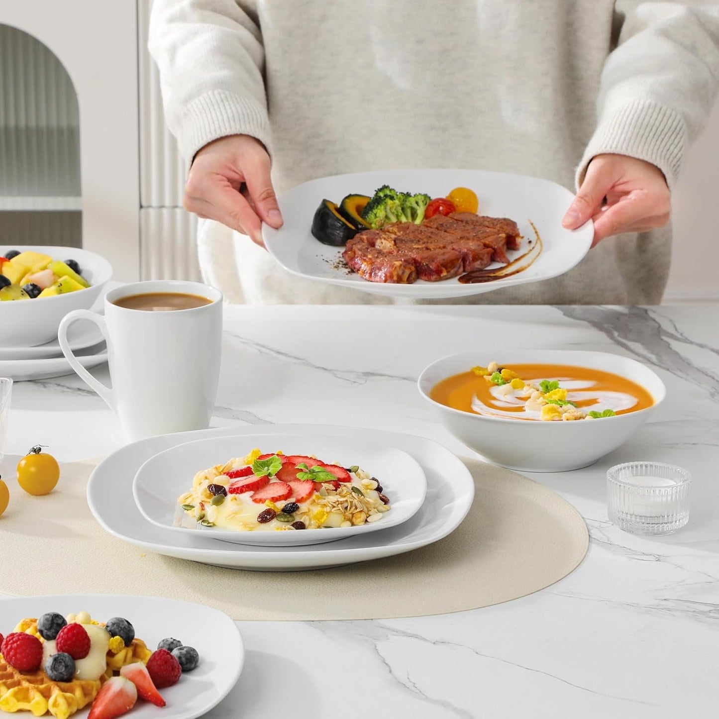 Zestaw naczyń obiadowych MALACASA na 4 osoby, 16-częściowa zastawa stołowa z białej porcelany, nowoczesny zestaw naczyń obiadowych z 4 talerzami obiadowymi, talerze deserowe, talerze i filiżanki Suma, seria ELISA