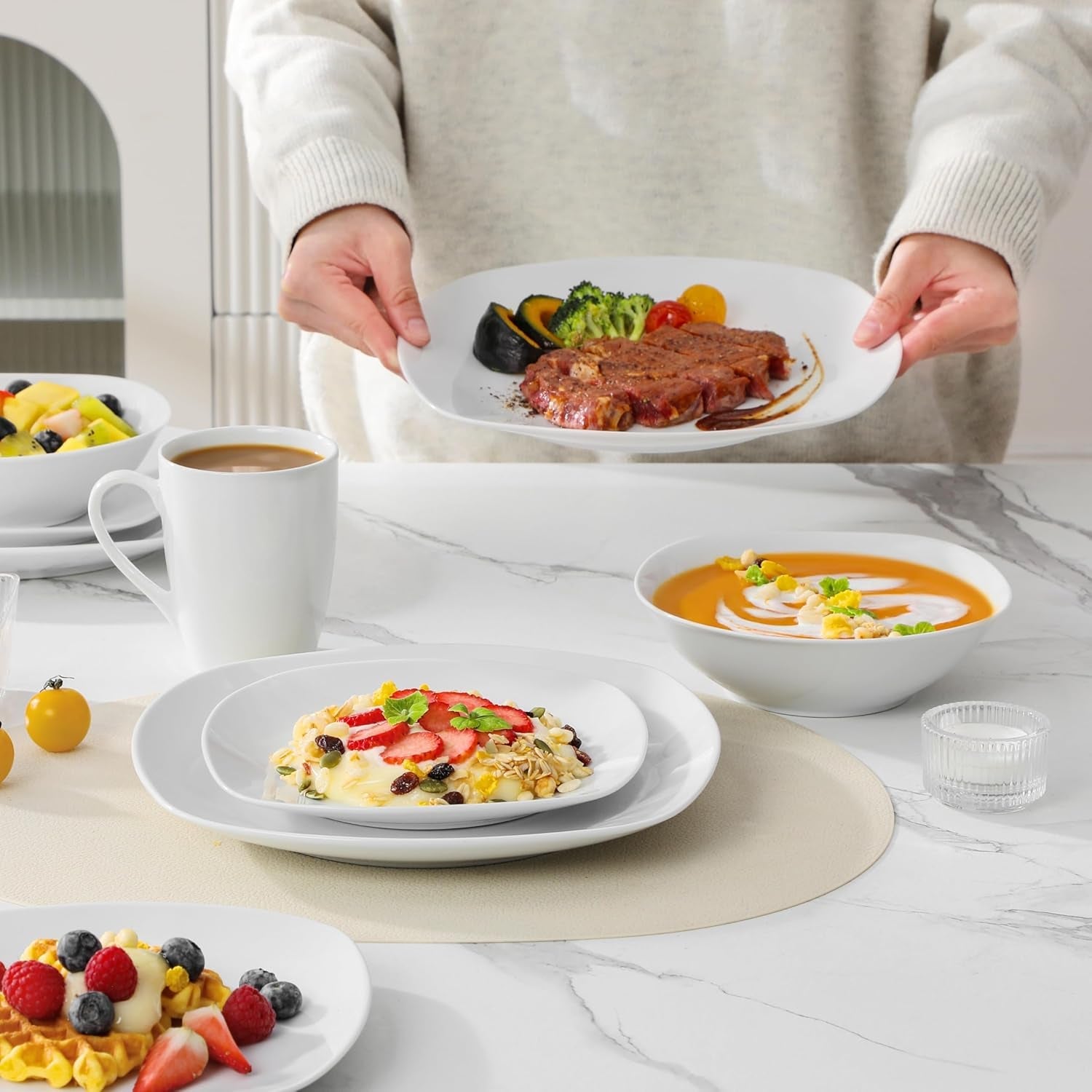 Zestaw naczyń obiadowych MALACASA na 4 osoby, 16-częściowa zastawa stołowa z białej porcelany, nowoczesny zestaw naczyń obiadowych z 4 talerzami obiadowymi, talerze deserowe, talerze i filiżanki Suma, seria ELISA