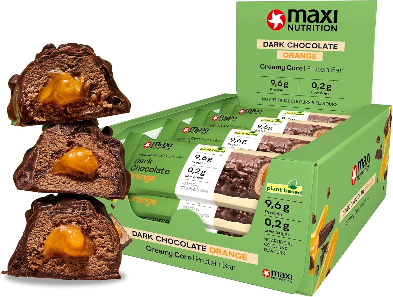 MaxiNutrition Kremowy wegański baton proteinowy z czekoladą, orzeszkami ziemnymi i karmelem 12x45g - wegański baton proteinowy, 18% białka, 8,3g w batonie, niska zawartość cukru (0,9g), bez dodatku cukru, bez sztucznych aromatów