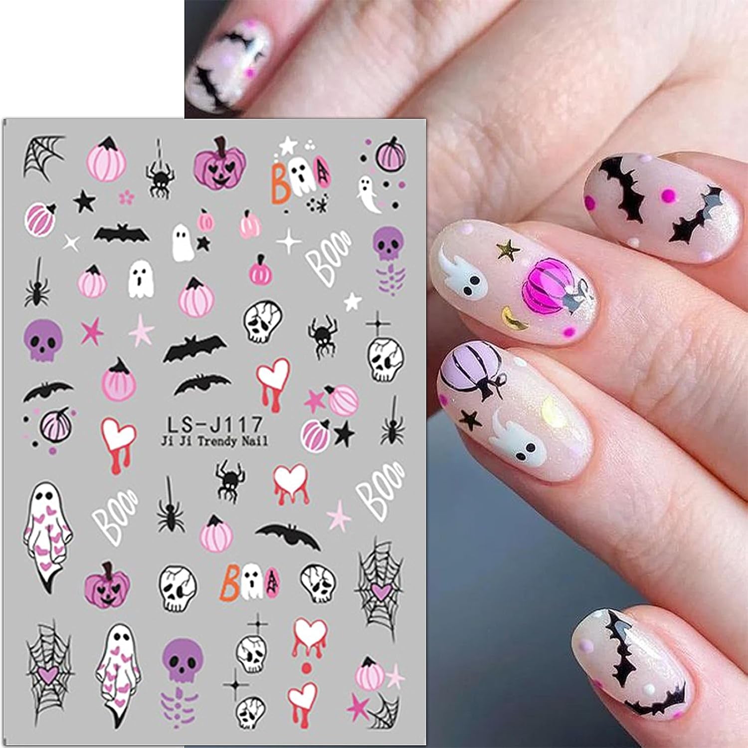 JMEOWIO Nagelsticker Halloween Süßer Geisterkürbis 9 Blatt Nail Art Naklejka Selbstklebend Nagelaufkleber Dekoration Nageldesign Zubehör