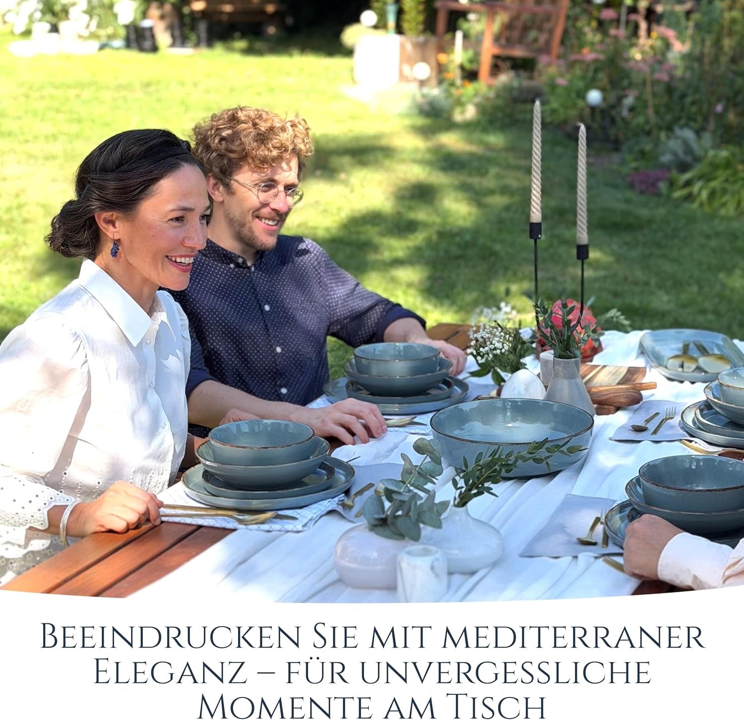 Steingut Geschirrset 6 Personen Rustic 24 tlg. TESTSIEGER, Hochwertiges Landhaussttil Steingut Geschirr Set, Schüssel- und Teller Set, Tafelservice 6 Personen, Geschirrsets Pure Living w Rauchblau
