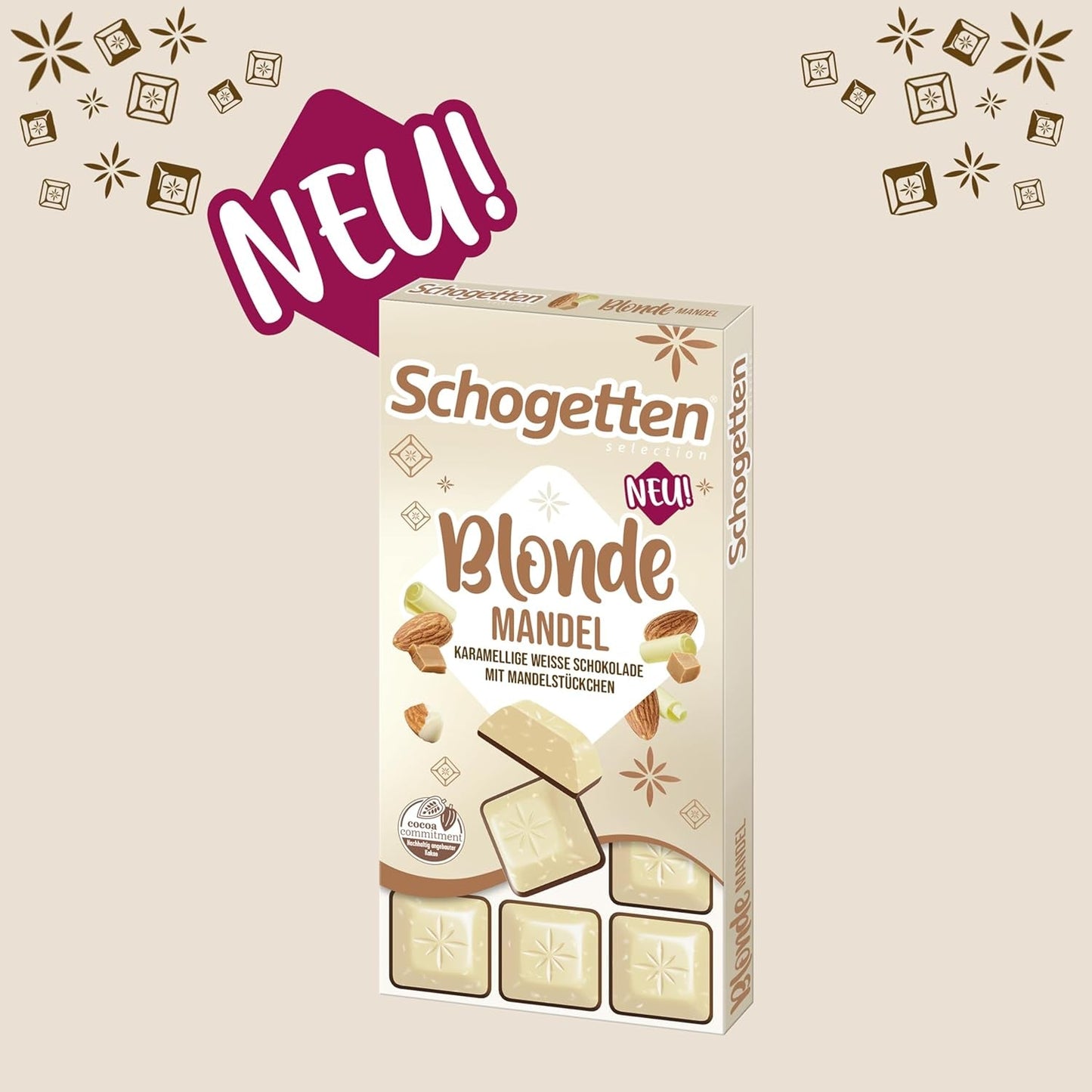 Schogetten Blond Migdał | Biała czekolada z karmelem i kawałkami migdałów | 100 g | Wygodnie porcjowane (opakowanie 2 szt.)