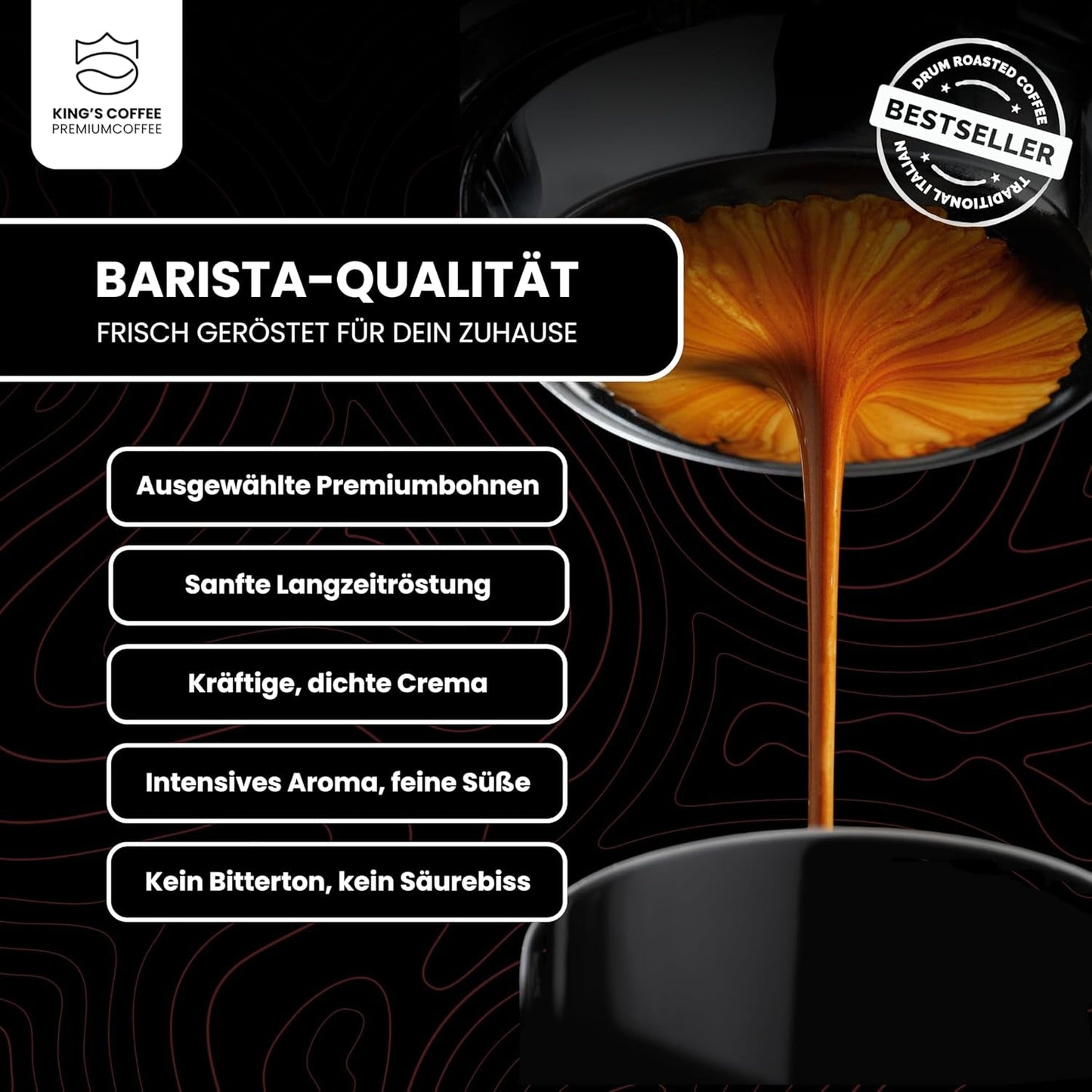 KING'S COFFEE - BLACK EDITION - 1 kg Intensywnie kremowa kawa ziarnista - Kawa o niskiej kwasowości - Kawa palona w małych partiach z Włoch - Mocna arabika w ziarnach espresso (mieszanka) do ekspresów w pełni automatycznych i z kolbą