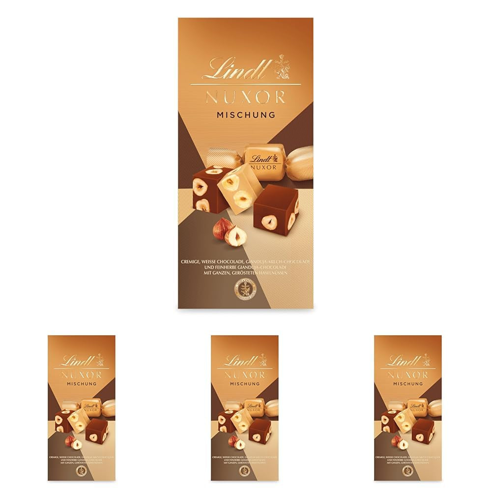 Czekolada Lindta | Mieszanka do torebki NUXOR | 103g | Gianduja Kremowe kostki czekoladowe w trzech asortymentach z prażonymi całymi orzechami laskowymi | Czekoladowy prezent