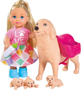 Simba 105733072 - Evi Love Opiekunka do psa z psem i trzema szczeniętami, akcesoria, lalka modowa, 12cm, dla dzieci w wieku 3+