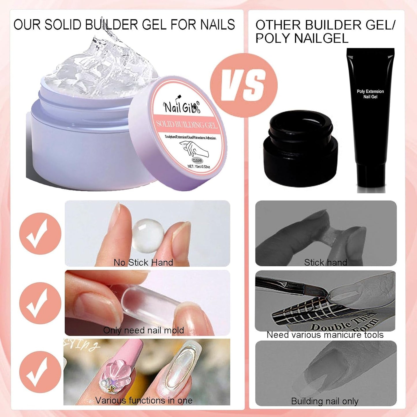 NAILGIL Stały żelowy lakier do paznokci, Stały żel do paznokci, Rzeźba 3D do paznokci z zestawem narzędzi, DIY Domowy salon, Przezroczysty 15G