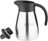 Kubek próżniowy do mleka Olympia z zakrętką, 500 ml/17 uncji, stal nierdzewna z czarną pokrywką, nadruk mleka z boku, stacje bufetowe na kawę i herbatę, CL371