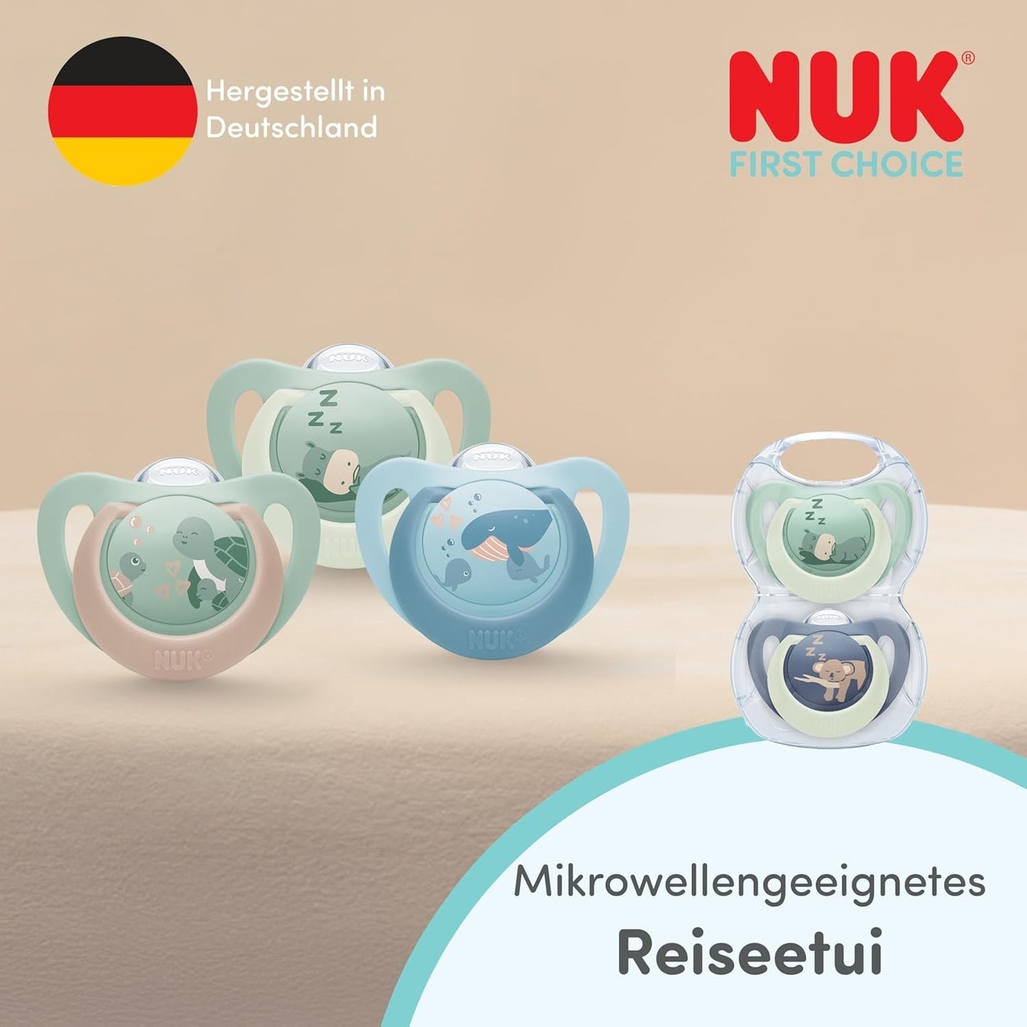 NUK First Choice Smoczki na noc dla niemowląt | 6-18 miesięcy | Smoczki ortodontyczne świecące w ciemności | Uspokaja 99% dzieci** | Hipopotam/Koala | Opakowanie 2