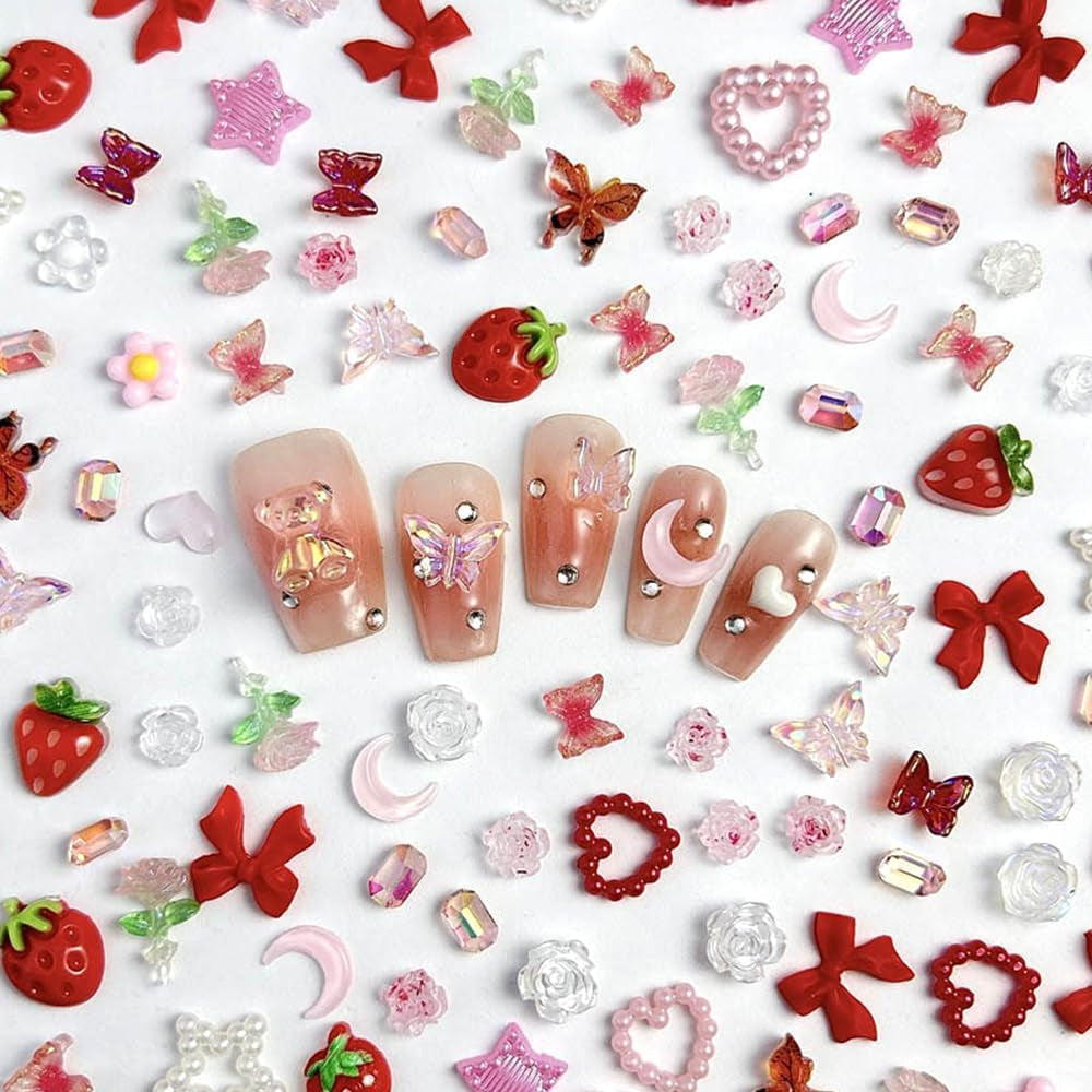 100 sztuk 3D Charms do paznokci Rosa Rot Kirsche Erdbeere Blume Nagel Charms Kamelie Rose Schmetterling Nail Art Charms Flatback Herz Schleife Charms Nägel Zubehör Mond Stern Nagelschmuck Nageldesign Anhänger