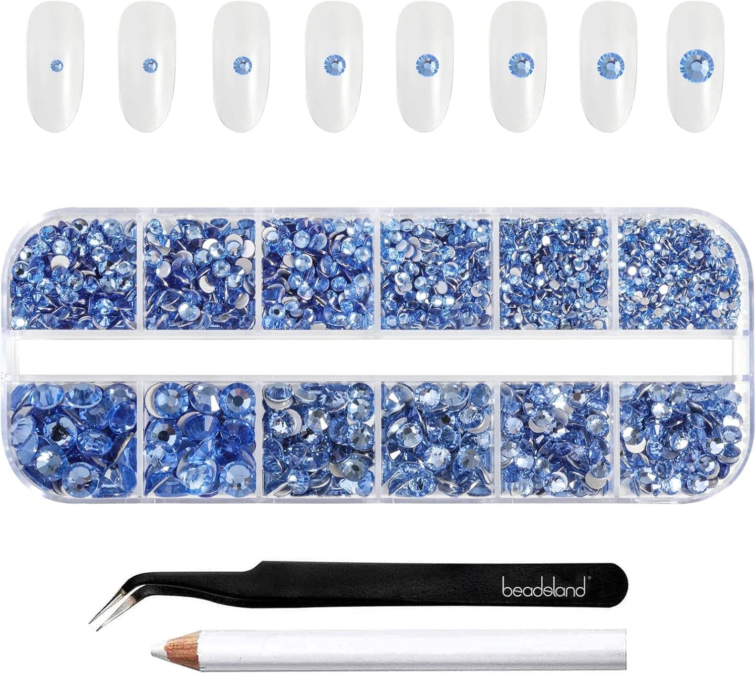 Beadsland 2500 szt. Glas Nailart Strasssteine ​​​​Kristall Flatback Edelsteine ​​​​Runde, ​​Für Handwerk Gemischt 8 Größen SS4 ~ SS30 Mit Picking Pinzette Und Stift (Kristall Weiss)