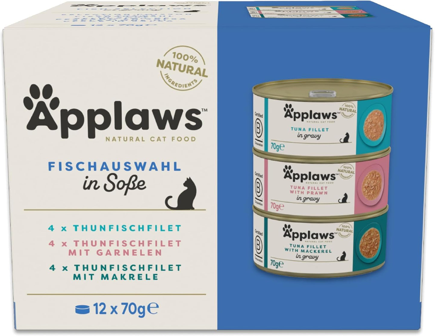 Applaws 100% naturalna mokra karma dla dorosłych kotów, różne rodzaje ryb w sosie, opakowanie zbiorcze 12 pudełek x 70 g
