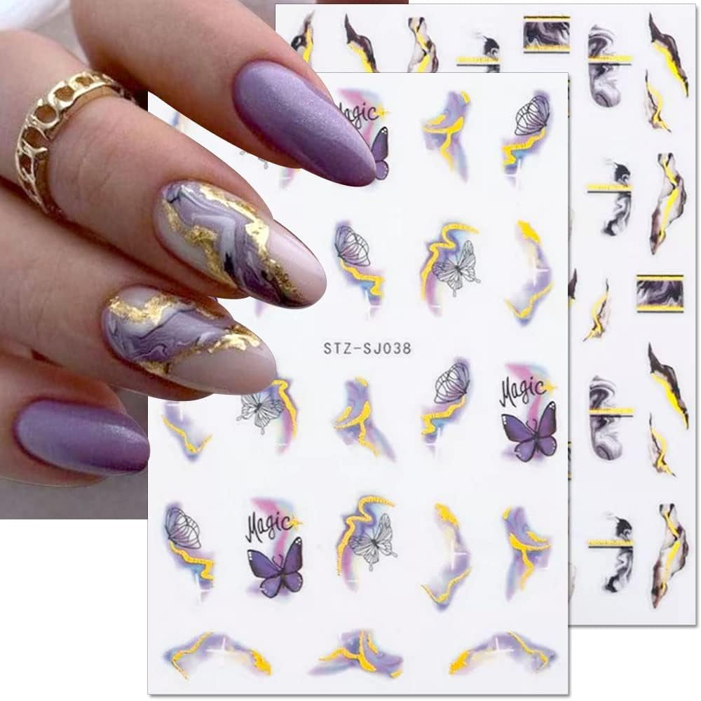 6 Blatt 3D Lila Schmetterling Nagelstickers Selbstklebend Nagelaufkleber Schmetterlinge Naklejka na paznokcie Bunte Blühen Marmor Nagel Naklejki Regenbogen Welle Linien Nail Art Aufkleber Nageldesign Zubehör