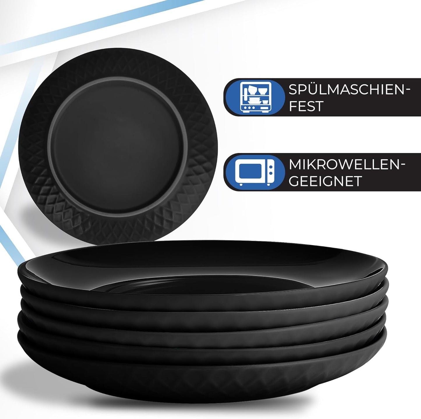 MIAMIO - 6-częściowy nowoczesny ceramiczny zestaw obiadowy/talerze dla 6 osób - Kolekcja Palmanova (Czarny, Duże talerze (6x))