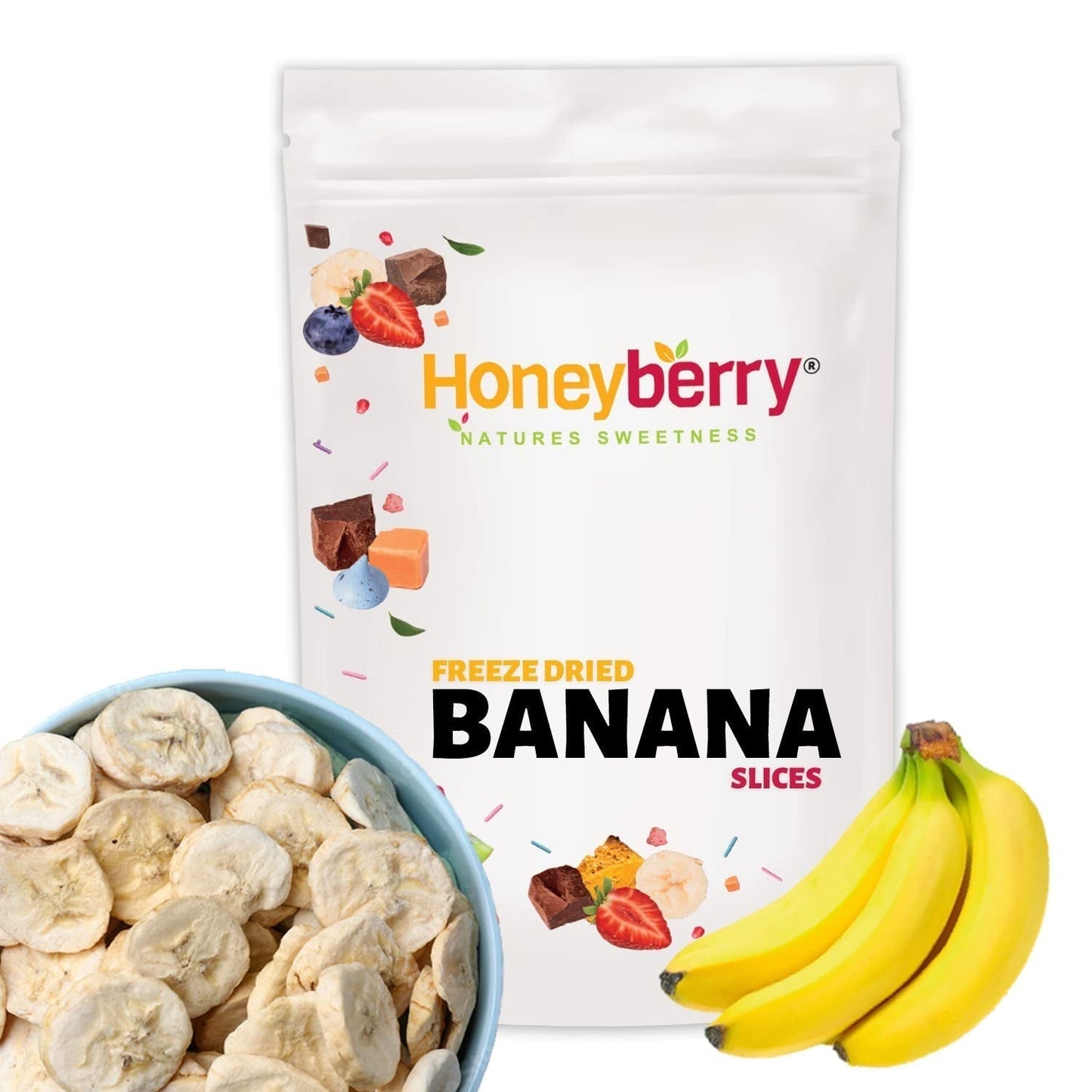 Plasterki banana liofilizowane 100g - chipsy bananowe liofilizowane - owoce suszone liofilizowane - plastry banana suszonego do dekoracji, przekąsek, koktajli i deserów Produkty suszone Naty Shop 100G