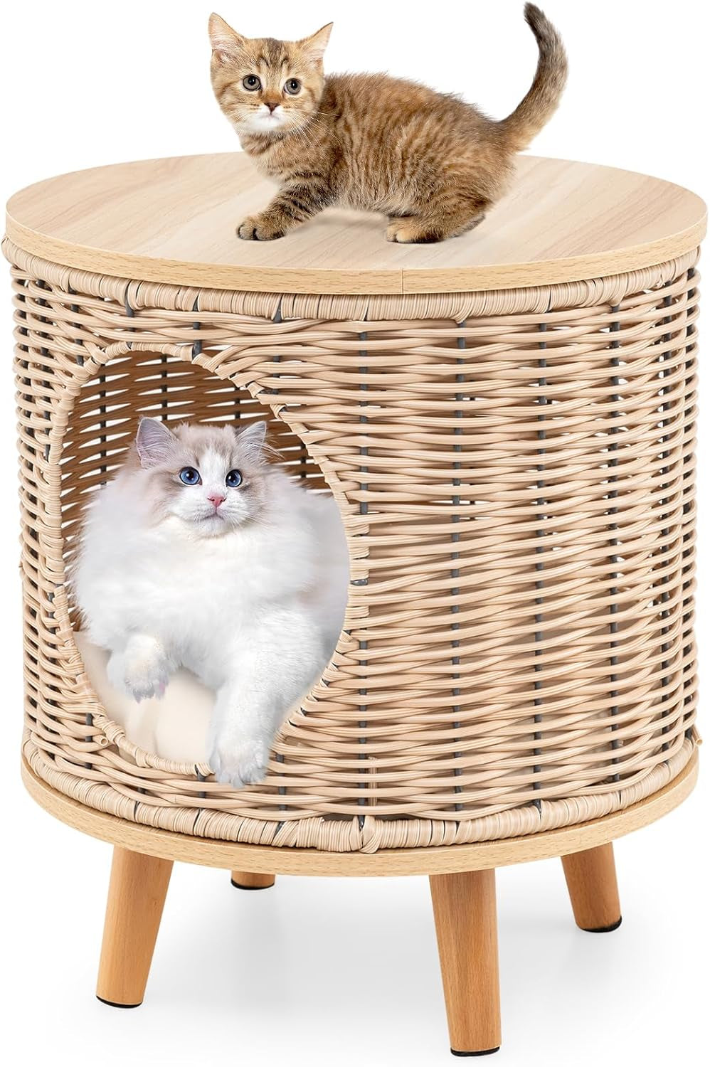 Katzenhaus Rattan, Katzenmöbel mit Holzbeinen & soft Kissen, 3 w 1 Katzenhöhle Fußhocker Nachttisch, Katzenbett stabil bis 30 kg dla Wohnzimmer Schlafzimmer