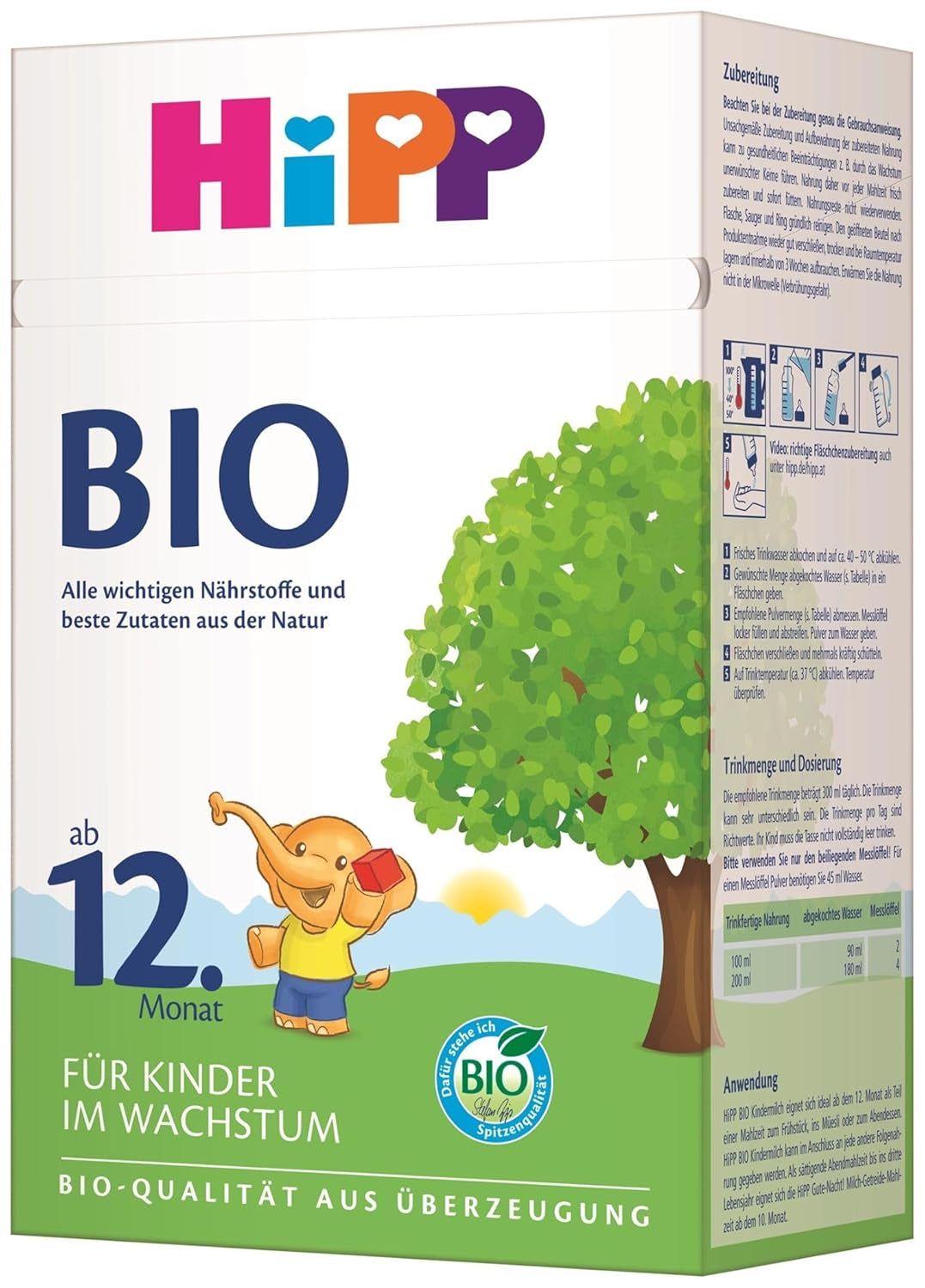 HiPP Organiczne mleko wzrostowe (4 x 600 g) po 12 miesiącach z wapniem, żelazem, witaminą C i D dla rosnących małych dzieci, najlepsza jakość organiczna