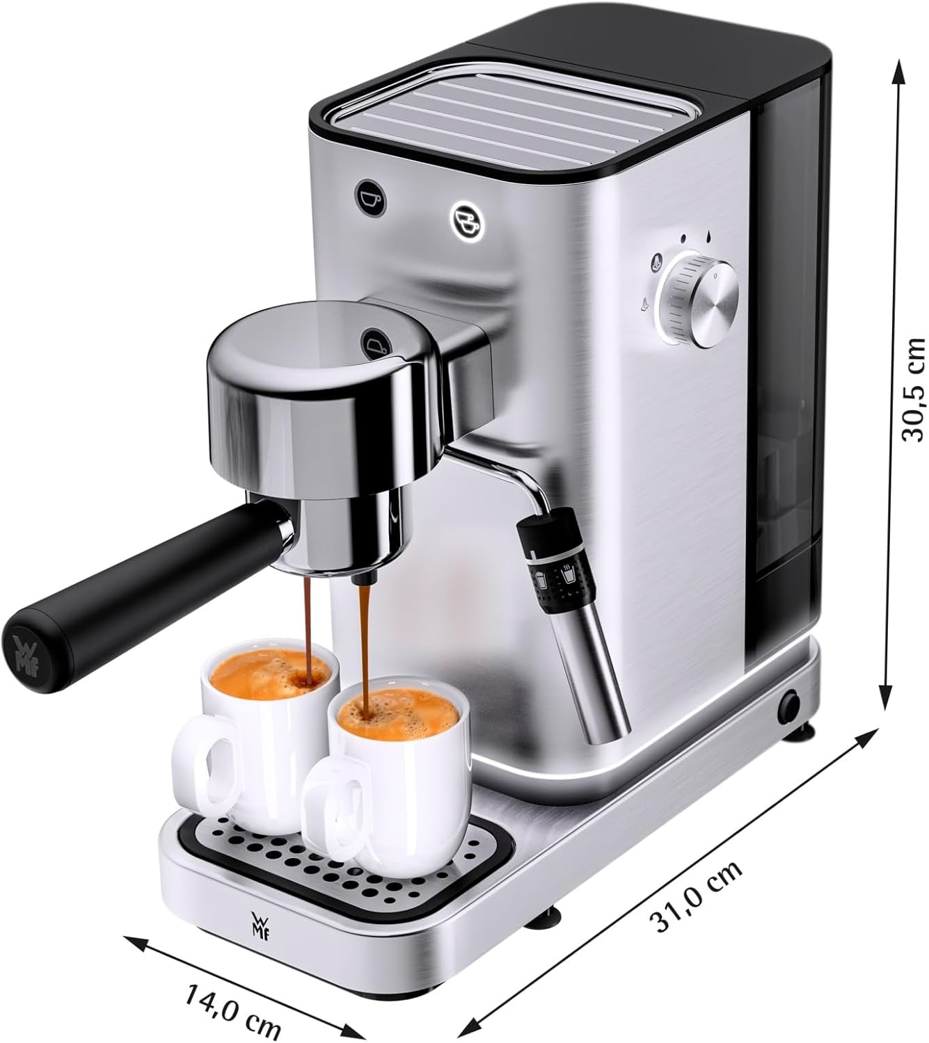 Ekspres do kawy WMF Lumero, kolba, 1400 watów, kolba, 3 wkładki, na 1-2 filiżanki espresso, w tym na kapsułki, 15 barów, uchwyt na kubek, spieniacz do mleka, stal nierdzewna matowa