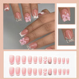 24 szt. Różowa kokardka z diamentem tabletki do francuskiego Manicure kwadratowe paznokcie wzór ze strasami Nude różowe sztuczne paznokcie Full Cover klej Manicure
