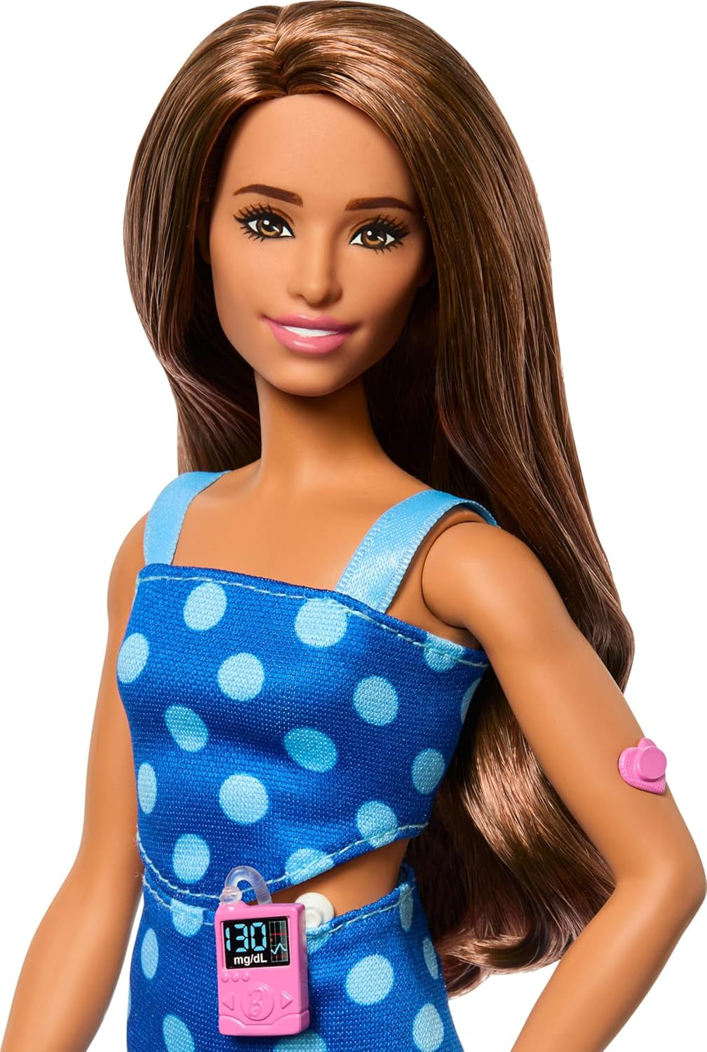Lalka Barbie Fashionistas nr 242 z cukrzycą typu 1 oraz strojem i akcesoriami w kropki we współpracy z Breakthrough T1D, HYT97