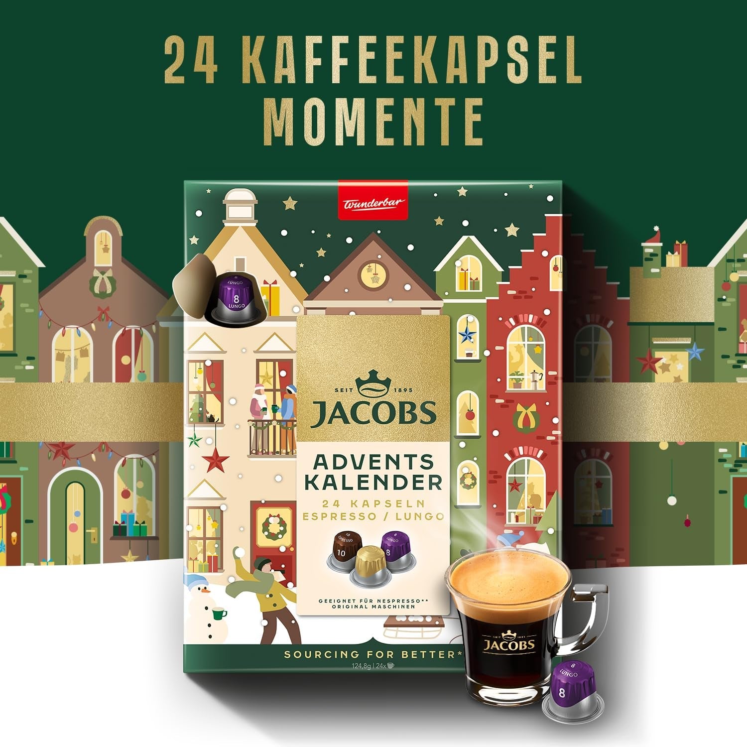 Jacobs Kapsel Adventskalender, 24 Espresso/Lungo Kapseln, kompatybilna z Nespresso* Kaffee Kapseln, 24 Kapseln