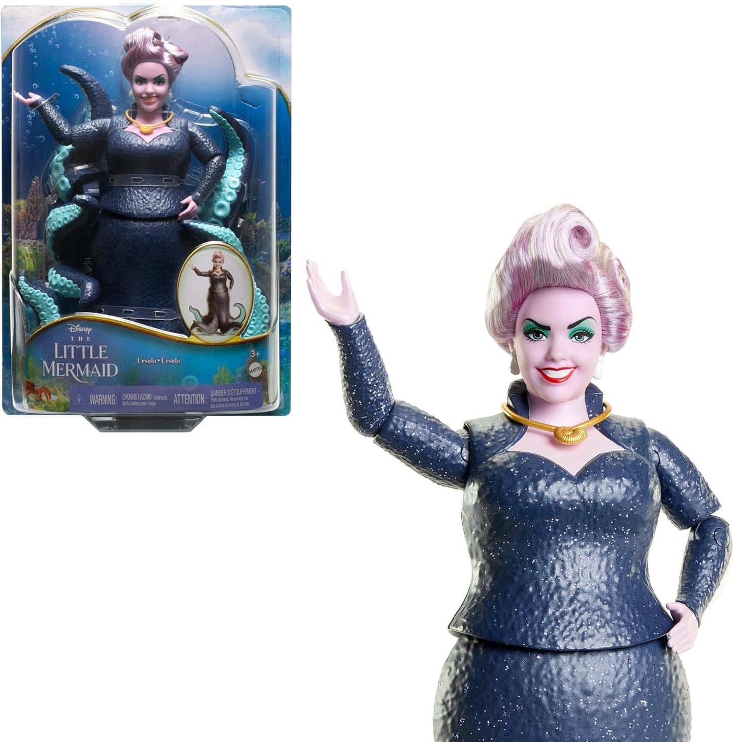 Mattel DISNEY Ariel Mała Syrenka - Urszula z mackami, odpinanym naszyjnikiem i lawendowym kokiem zapewniającym niekończącą się zabawę stylizacyjną, odpowiednia dla dzieci od 3. roku życia, HLX12