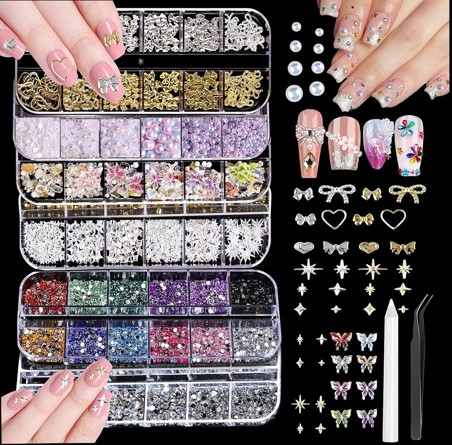 Charms do paznokci, 6 Boxen Gold Silber Nagel Charms 3D Gold Bogen Stern Nail Art Dekoration + 6200 Strasssteine ​​​​Bunt Steine ​​AB Perlen Diamanten, 3D Legierung Bow Nail Gems Nagel Deko Für Frauen Nagel (6-A)